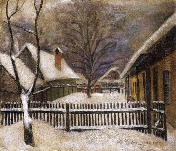 Snow - Covered Garden In Nagybanya Oil Painting by Geza Kadar