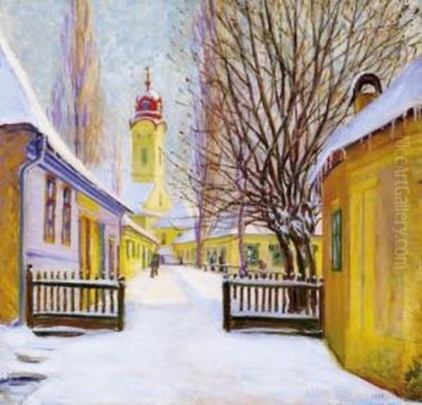 Nagybanya Scene In Sunlight Oil Painting by Geza Kadar