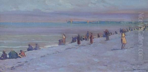 La Plage A Dieppe (1921) Oil Painting by Leon Kaufmann
