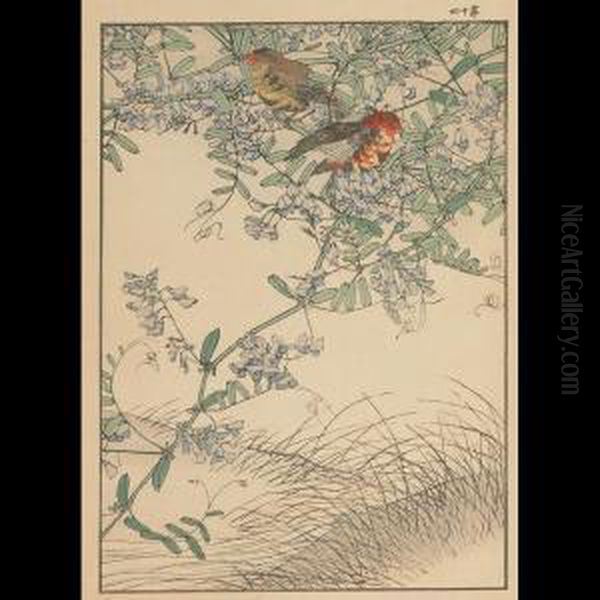 Finches On Pea Vine Oil Painting by Imao Keinen