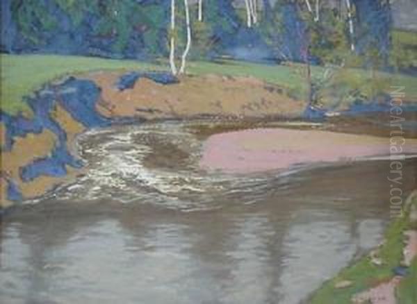 Landscape With Stream- Gouache 
On Paper, Signed Lower Right, Very Good Condition. 15 X 20'' Oil Painting by Henry George Keller