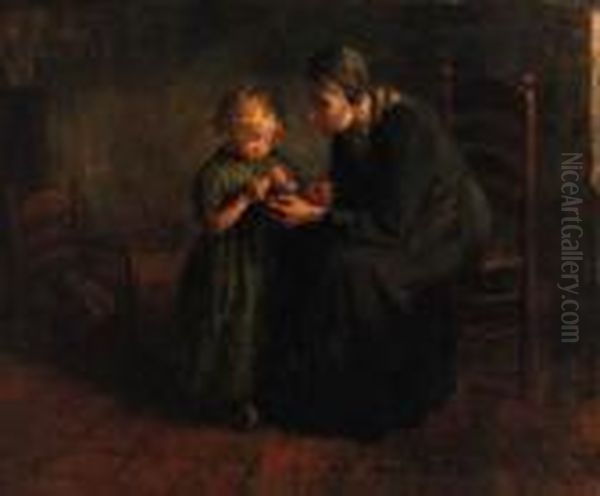 The Knitting Lesson Oil Painting by Jacob Simon Hendrik Kever