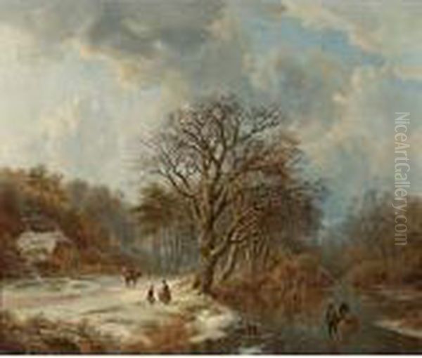 A Forest And River Landscape In Winter With Skaters And Villagers On A Path Oil Painting by Johann Bernard Klombeck