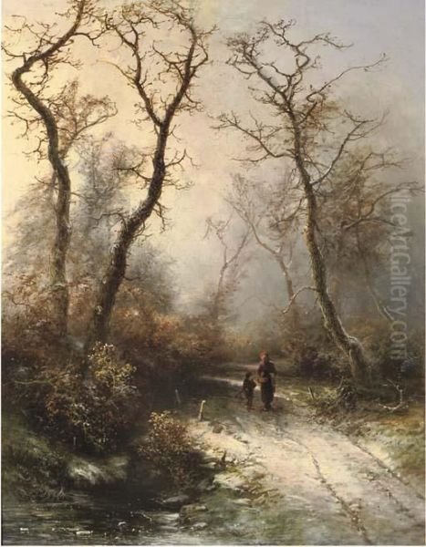 In The Forest In Winter Oil Painting by Pieter Lodewijk Francisco Kluyver