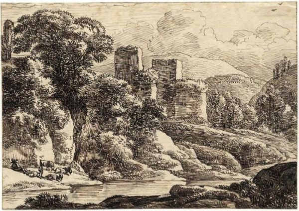 Fluslandschaft Mit Burgruine Oil Painting by Franz Innocenz Kobell