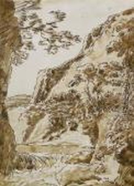 Landschaft Mit Kleinem 
Wasserfall. Lavierte Federzeichnung In Braun Auf Chamoisfarbenem Butten 
Mit Angeschnittenem Wasserzeichen. 20,3 X 15,3 Cm. Kleiner Hinterlegter 
Einris Am Unteren Rand Sowie Rander Ruckseitig Mit Leichten Klebespuren. Oil Painting by Franz Innocenz Kobell