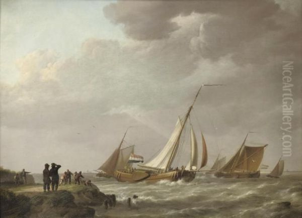 Barges On Choppy Water Oil Painting by Johannes Hermanus Koekkoek