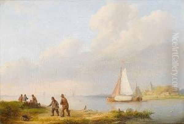 Fishing By The Riverbank Oil Painting by Johannes Hermanus Koekkoek