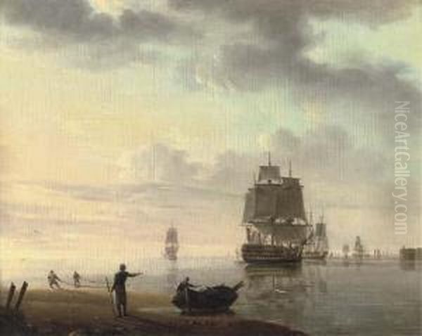 Men-o'war And Other Shipping Oil Painting by Johannes Hermanus Koekkoek
