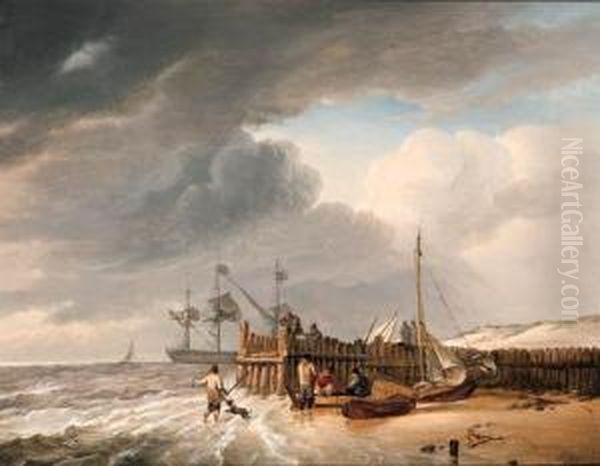 On The Beach Oil Painting by Johannes Hermanus Koekkoek