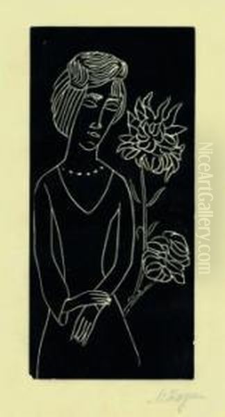 Girl With Chrysanth. 1923 Oil Painting by Moissey Kogan