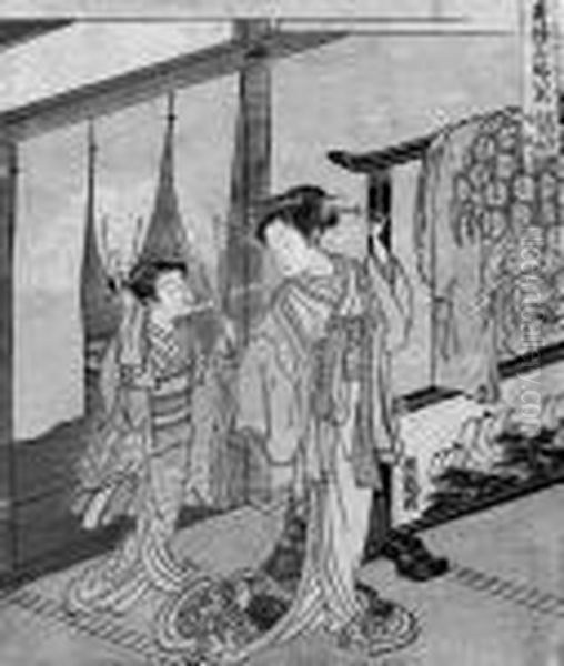 Oryusai 
Chuban
. Serie: 
Seiro Meifu Hakkei
 . Neben Einem Paravent Steht Eine Kurtisane. In Der Tur Steht Ihre 
Kamuro,
 Die Den Vorhang In Den Handen Halt. Bez.: Koryu Ga. Um 1770.
 Guter Druck, Farben Etwas Verblasst, Rander Leicht Beschnitten, Oil Painting by Isoda Koryusai