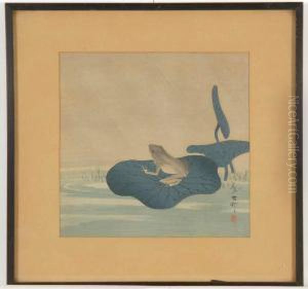 Depicting Frog Resting On A Lotus Leaf Oil Painting by Ohara Koson