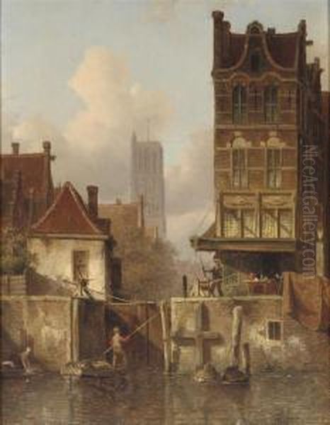 At The Town Lock Oil Painting by Everhardus Koster