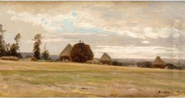 Haystacks Oil Painting by Josif Evstaf'Evic Krackovskij