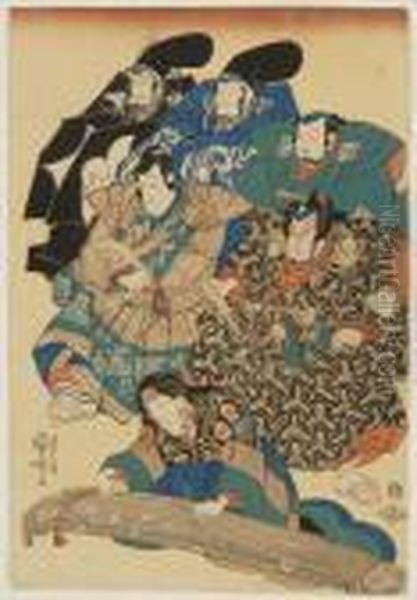 Five Court Figures Observe A Woman Playing A Koto. Oil Painting by Kuniyoshi