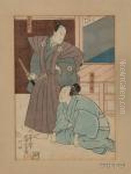 Two Samurai In A Scene From A Legend Oil Painting by Kuniyoshi