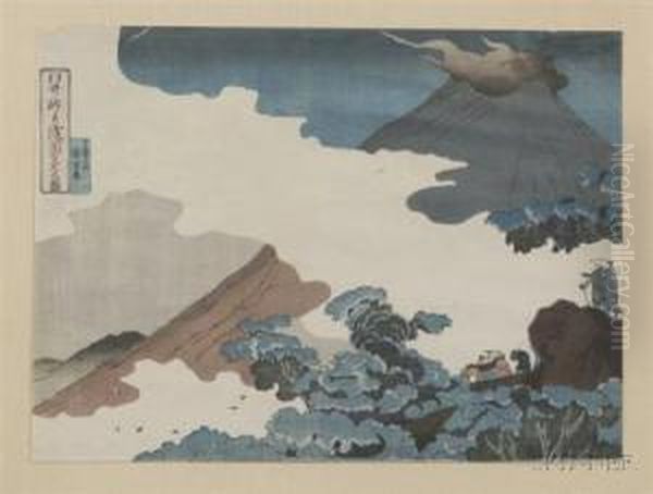 Travelers Climbing Throughmist Toward The Summit Of A Smoking Mt. Oil Painting by Kuniyoshi