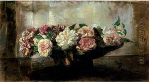Roses In A Shallow Bowl Oil Painting by John La Farge