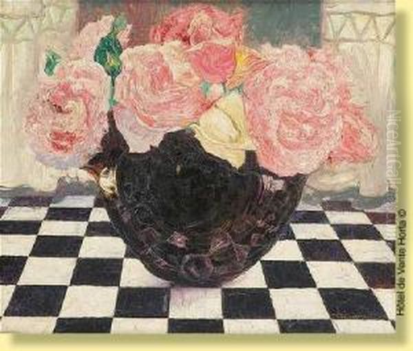 Vase Fleuri De Roses Oil Painting by Maurice Langaskens