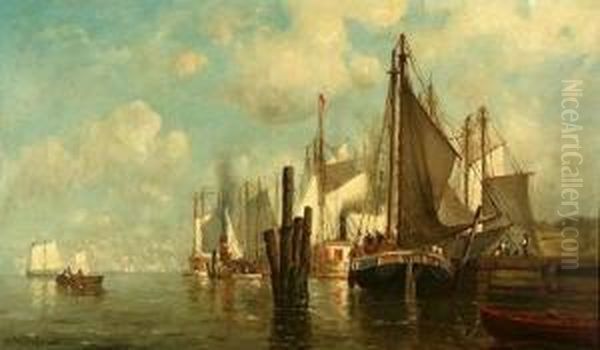 Boats In Harbor Oil Painting by Walter Franklin Lansil
