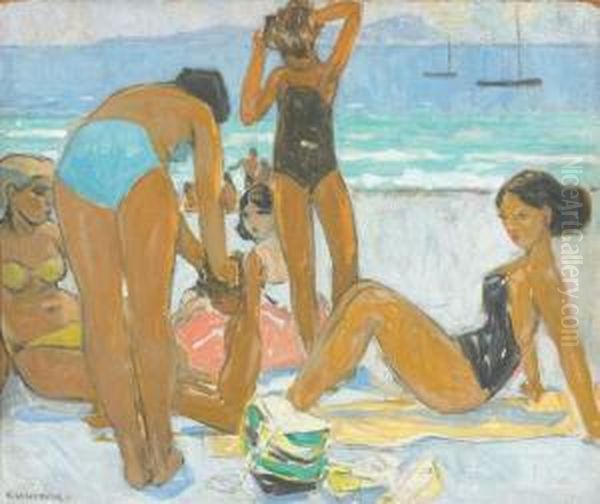 Baigneuses Sur La Plage Oil Painting by Fernand Lantoine