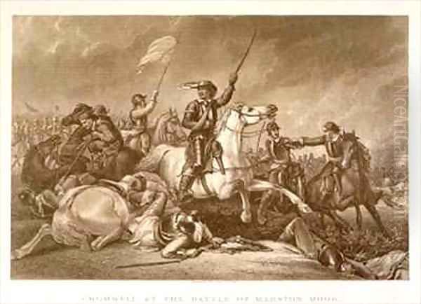 Cromwell leading the charge after being wounded in his right arm at the Battle of Marston Moor Oil Painting by Abraham Cooper