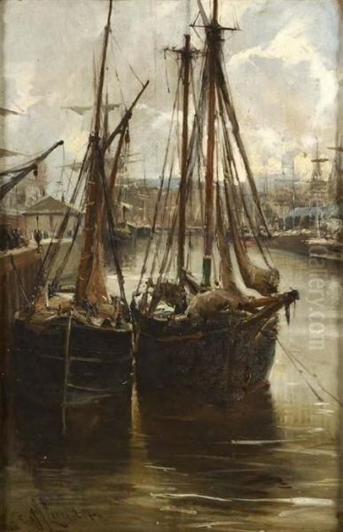A Busy Harbour Scene Oil Painting by Charles James Lauder