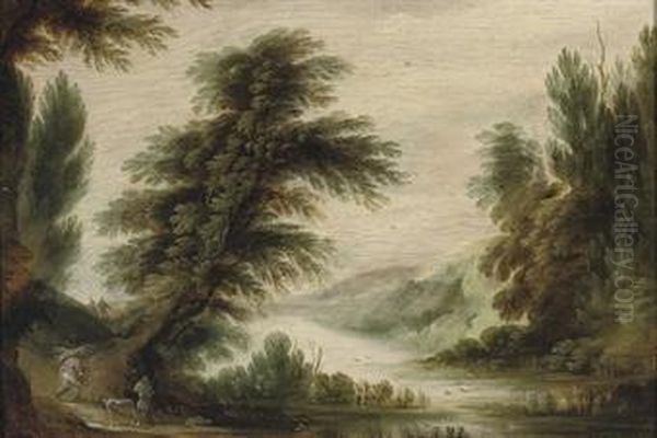 A Wooded River Landscape With Travellers And A Faggot Gatherer Oil Painting by Gijsbrecht Leytens