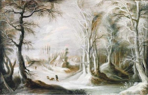 A Winter Landscape With A 
Peasant Walking Through Snow, A Small Village In The Background Oil Painting by Gijsbrecht Leytens