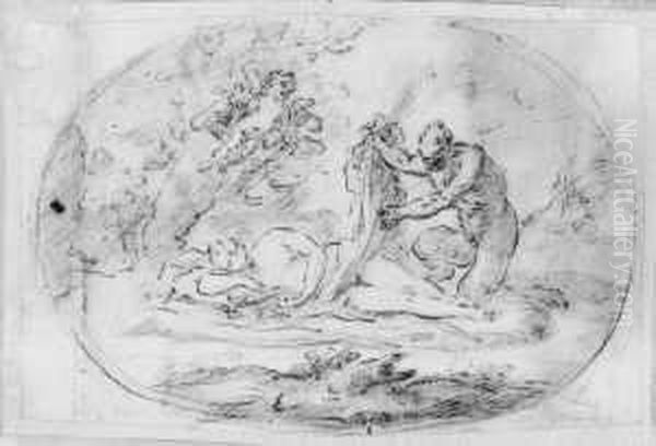 Satyr Eine Schlafende Nymphe Bedrangend. In
Gezeichnetem Queroval. Oil Painting by Pietro Liberi