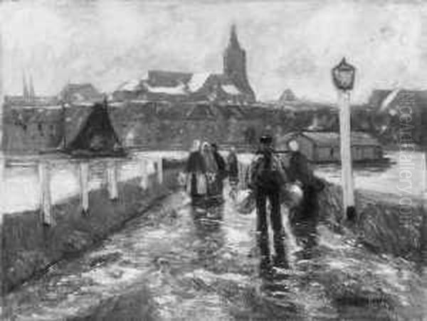 Blick Auf Eine An Einem Fluss 
Gelegene Stadt. Signiert Unten Rechts: H. Liesegang. Ol Auf Leinwand. H 
61; B 80,5 Cm. Oil Painting by Helmut Liesegang