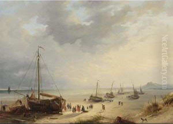 Fisherfolk Unloading The Catch On The Beach Oil Painting by Cornelis Lieste