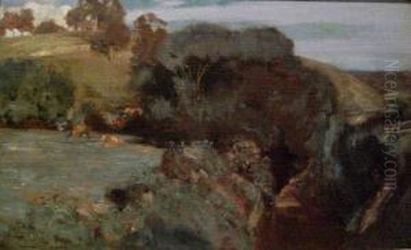 Cattle Grazing Oil Painting by Percival Ch., Percy Lindsay