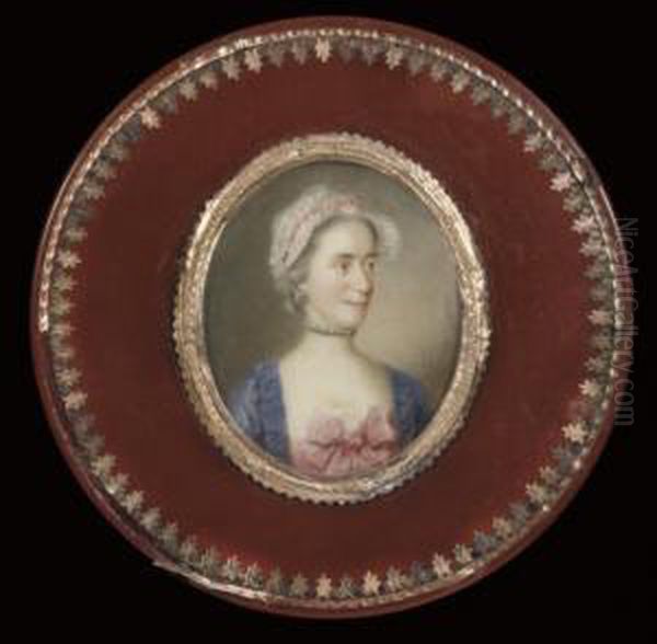 A Lady, In Blue Dress, Pink Bow And Wearing A Mob Cap With Pink Ribbon Oil Painting by Etienne Liotard