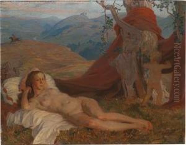 Nudo Sdraiato In Un Paesaggio Collinoso Oil Painting by Switbert Lobisser