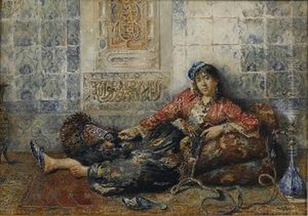 Portrait Of A Turkish Lady Smoking The Hookah Oil Painting by Vincenzo Loria