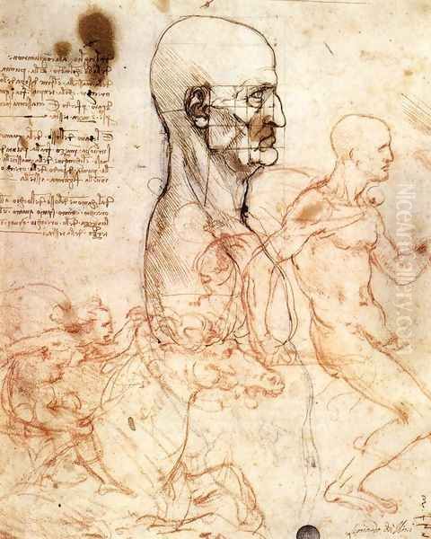 Profile of a man and study of two riders Oil Painting by Leonardo Da Vinci