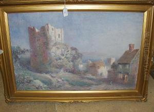 Drover Beside A Village Pub By A Ruined Tower Oil Painting by Max Ludby