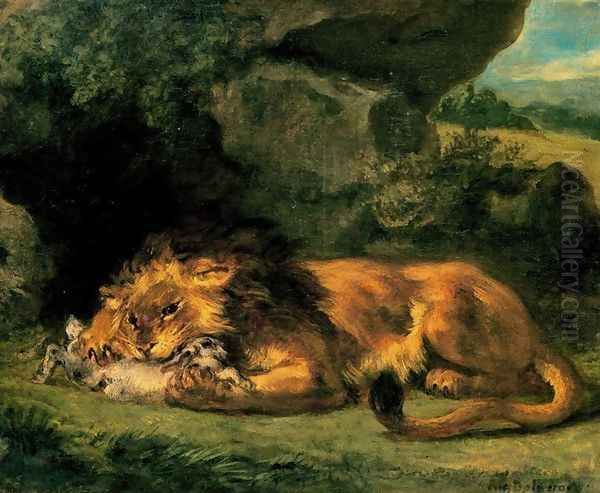 Lion Devouring a Rabbit Oil Painting by Eugene Delacroix
