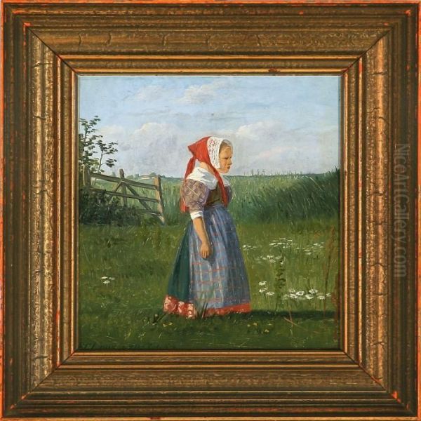 A Girl From Zeeland In The Meadow Oil Painting by Frederick Christian Lund
