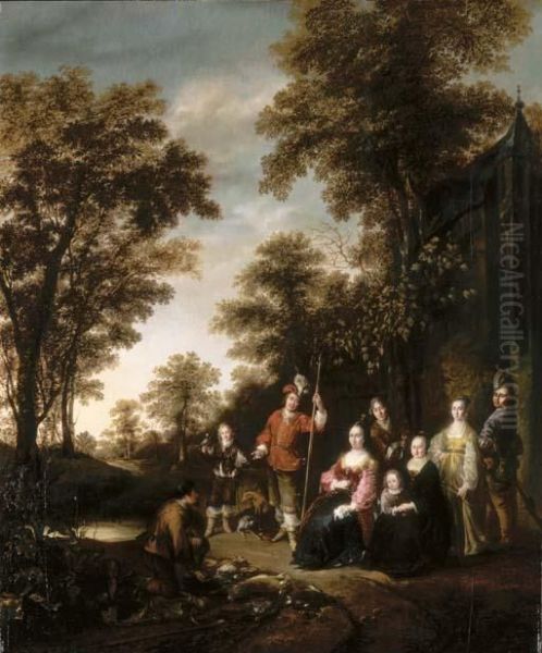 A Family Portrait In A Landscape After A Hunt Oil Painting by Gerrit Lundens