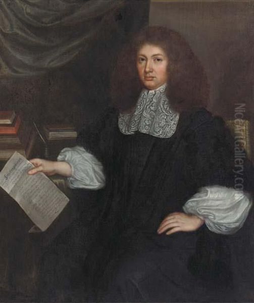 Portrait Of A Gentleman, Seated 
Half-length, Holding An Extensivelyinscribed Letter In His Right Hand, 
With Books Beside Him Oil Painting by Isaac Luttichuys