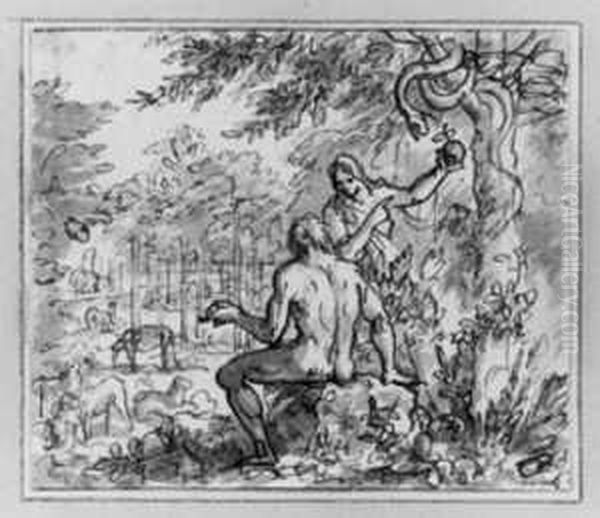 Drei Zeichnungen Mit 
Bibelillustrationen, Darunter: Adam Und Eva Im Paradies. Feder In Sepia,
 Grau Laviert, Auf Papier. H Je 7; B Je 8,4 Cm. Tafel Oil Painting by Jan Luyken