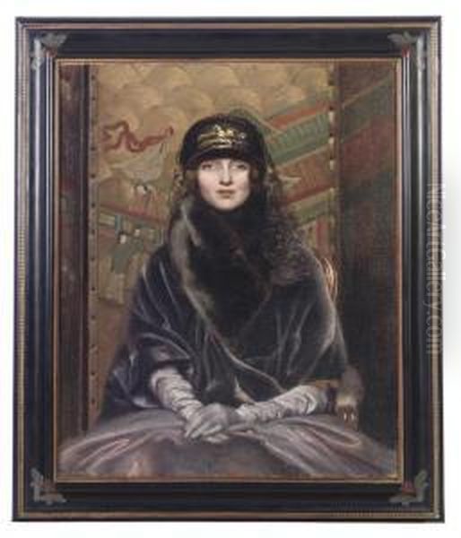 Portrait Of A Lady, Seated 
Half-length, In A Deep Purple Velvetcoat Before A Chinoiserie Screen Oil Painting by Neville Stephen Lytton