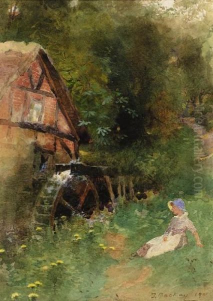 A Young Girl Seated Near A Watermill Oil Painting by Thomas Mackay