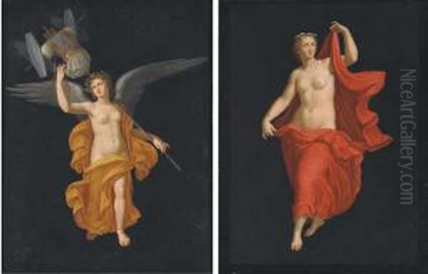 A Winged Female Figure Crowned 
With Laurels Carrying A Trophy; Anda Female Figure Discarding Her 
Draperies Oil Painting by Michaelangelo Maestri