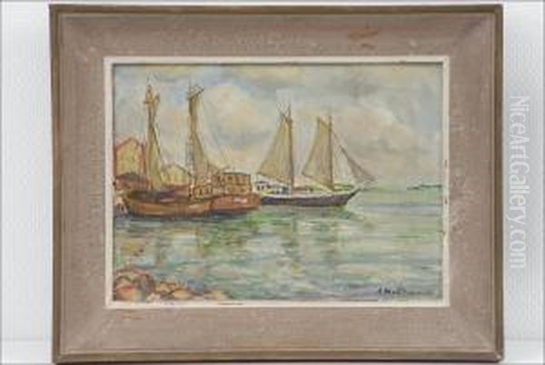Jaaloja Satamassa - Skutor I Hamnen. Oil Painting by Arvo Makkonen