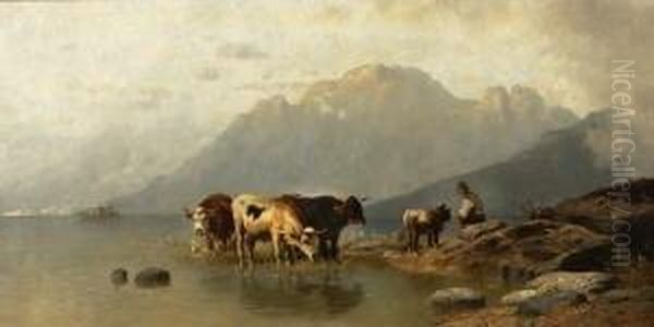 Hirte Mit Kuhen Am Ufer Eines
 Gebirgssees. Oil Painting by Christian Friedrich Mali