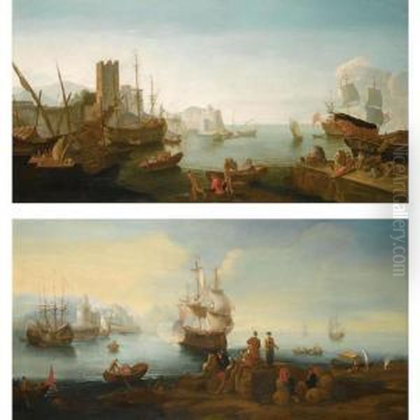 A Mediterranean Harbour Scene 
With Merchants Resting By Their Wares, A Ship Firing A Salute Beyond Oil Painting by Adriaen Manglard